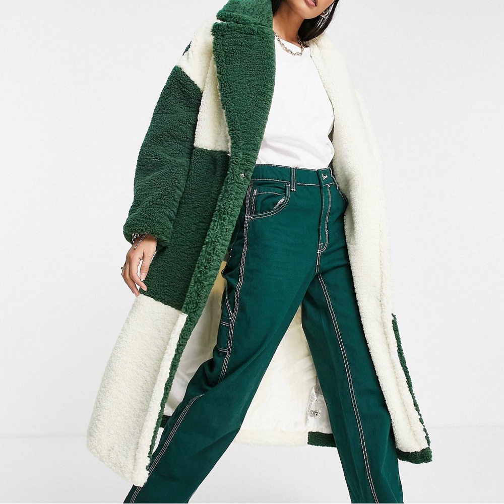 Top shop patchwork long  Sherpa Coat in green and cream